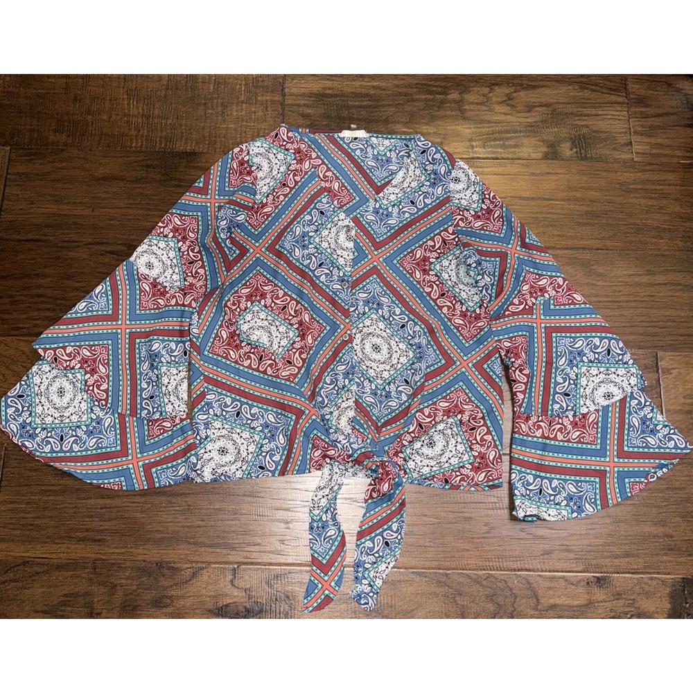 Altar'd State Womens Paisley Tie‎ Front Cropped Blouse Bell Sleeve Blue Red M